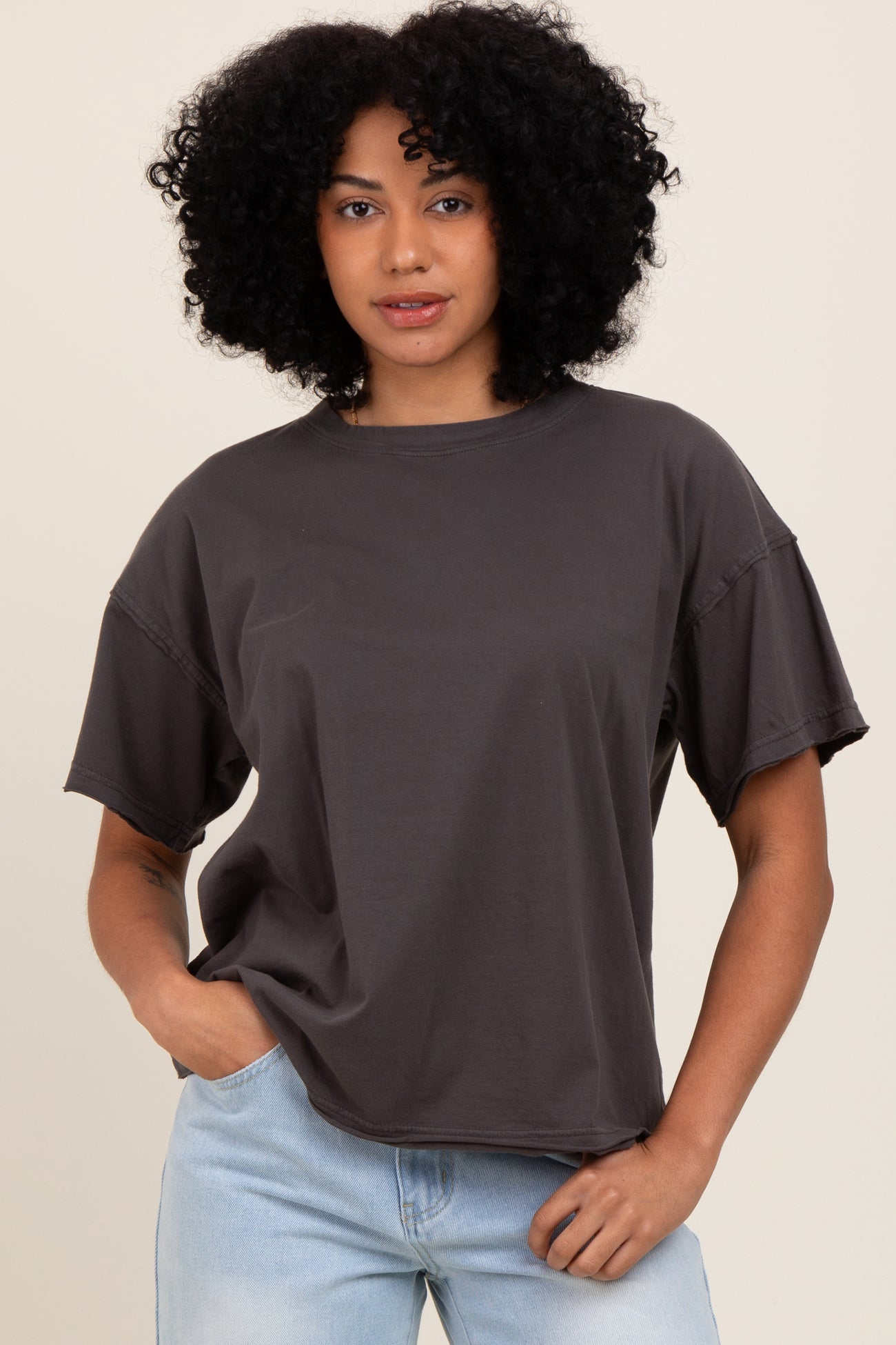 Black Boxy Raw Edge Short Sleeve Tee
