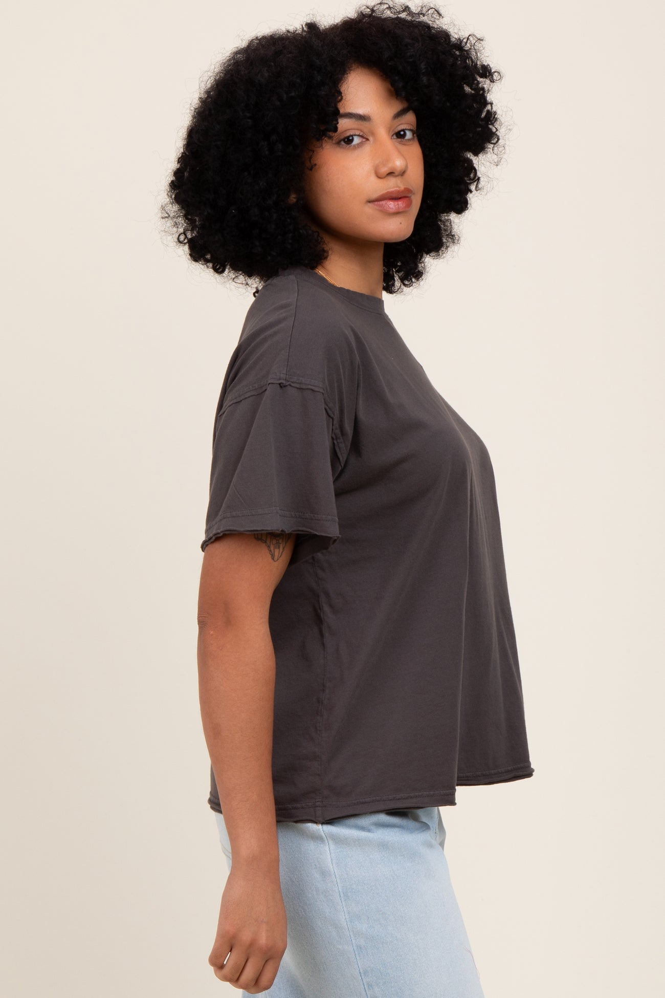 Black Boxy Raw Edge Short Sleeve Tee
