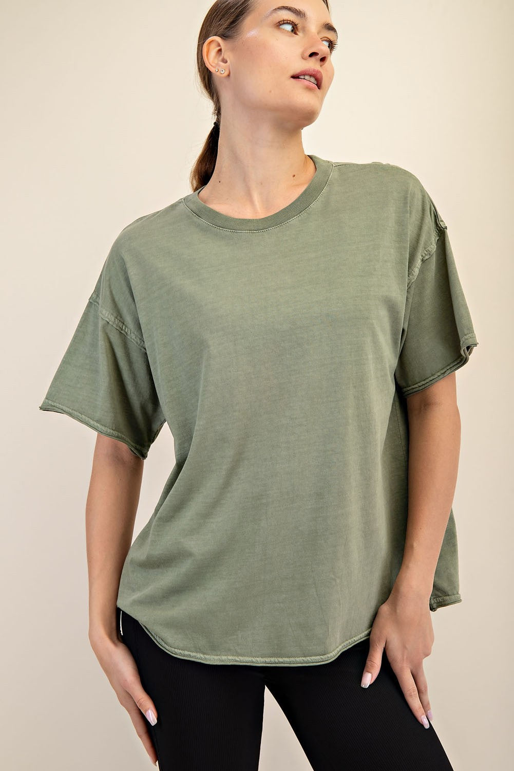 Olive Boxy Raw Edge Maternity Short Sleeve Tee