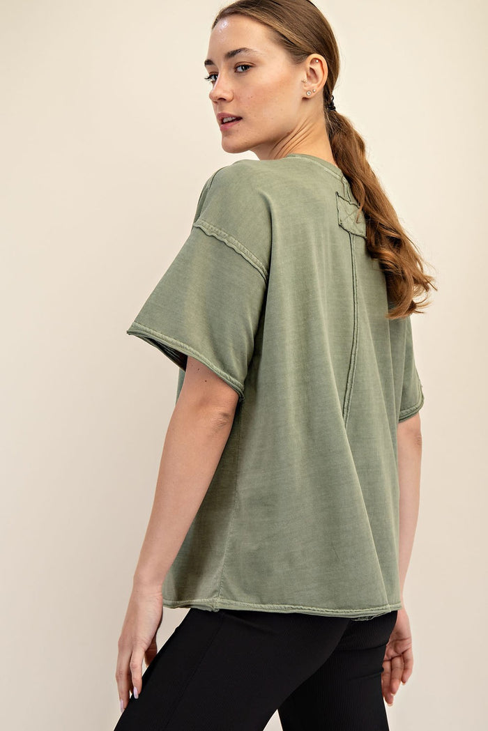 Olive Boxy Raw Edge Short Sleeve Tee