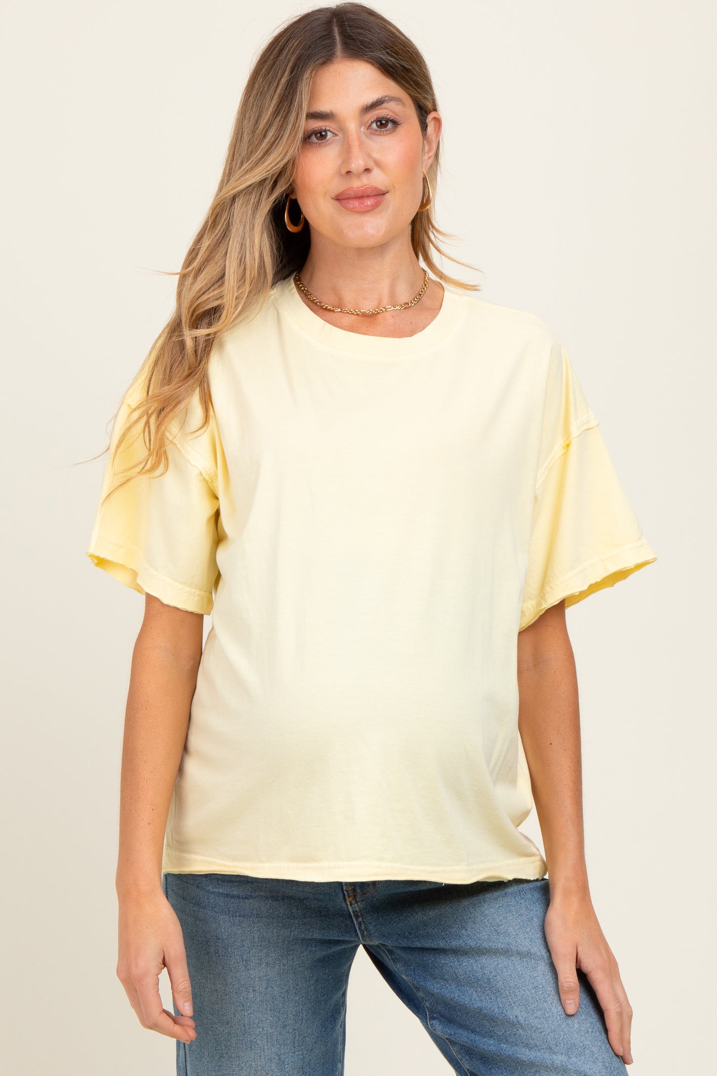 Yellow Boxy Raw Edge Maternity Short Sleeve Tee