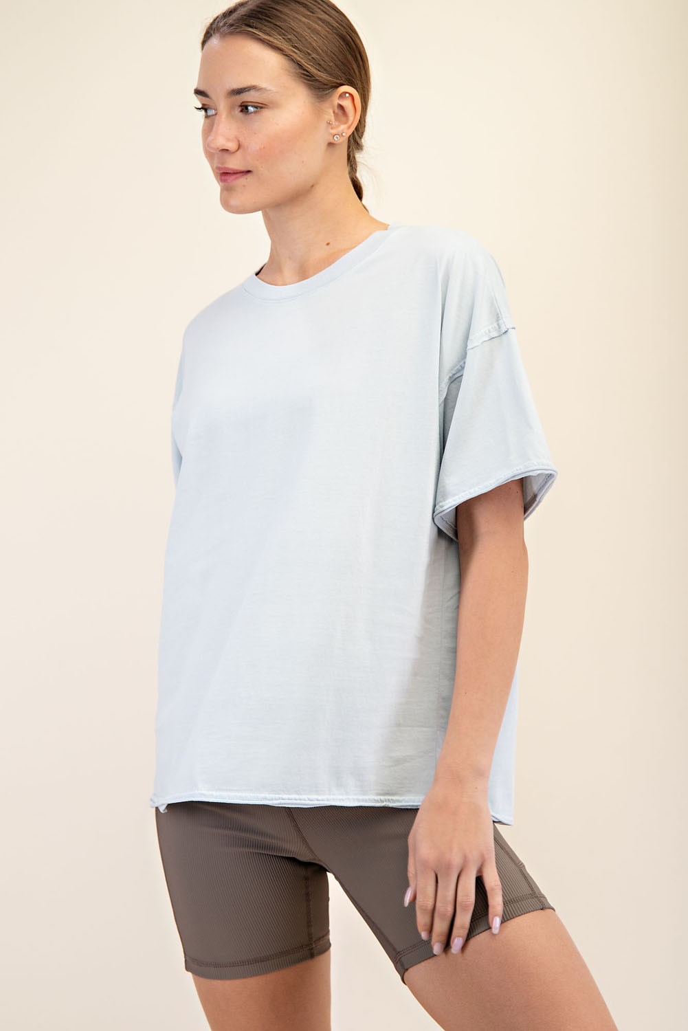 Light Blue Boxy Raw Edge Short Sleeve Tee