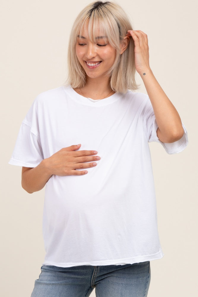 White Boxy Raw Edge Maternity Short Sleeve Tee