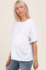 White Boxy Raw Edge Maternity Short Sleeve Tee