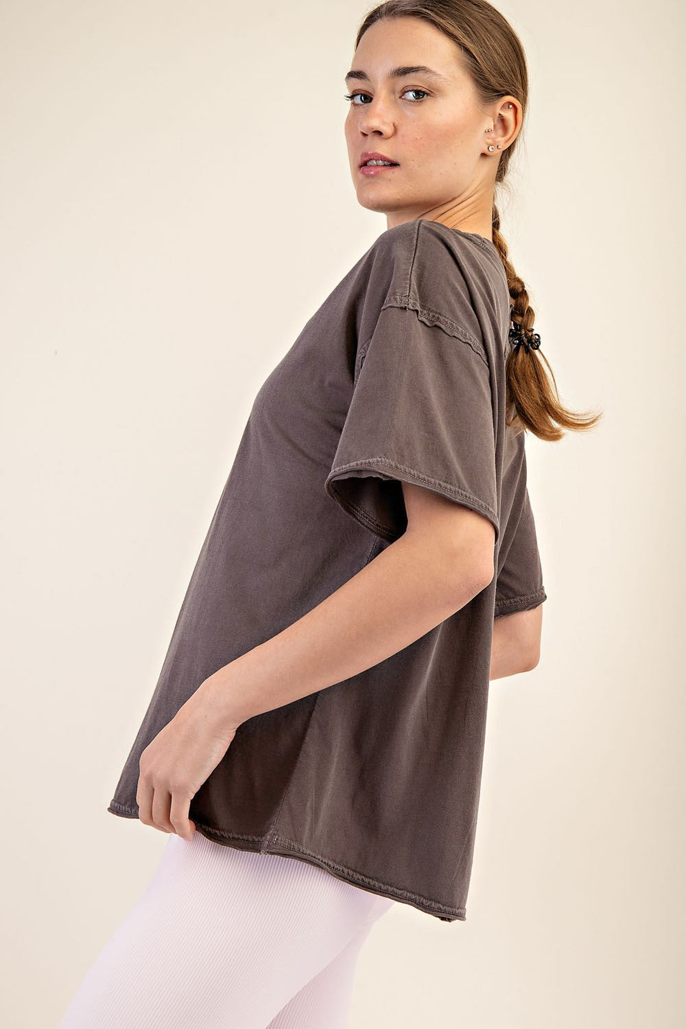 Mocha Boxy Raw Edge Short Sleeve Tee