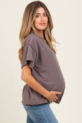 Mocha Boxy Raw Edge Maternity Short Sleeve Tee