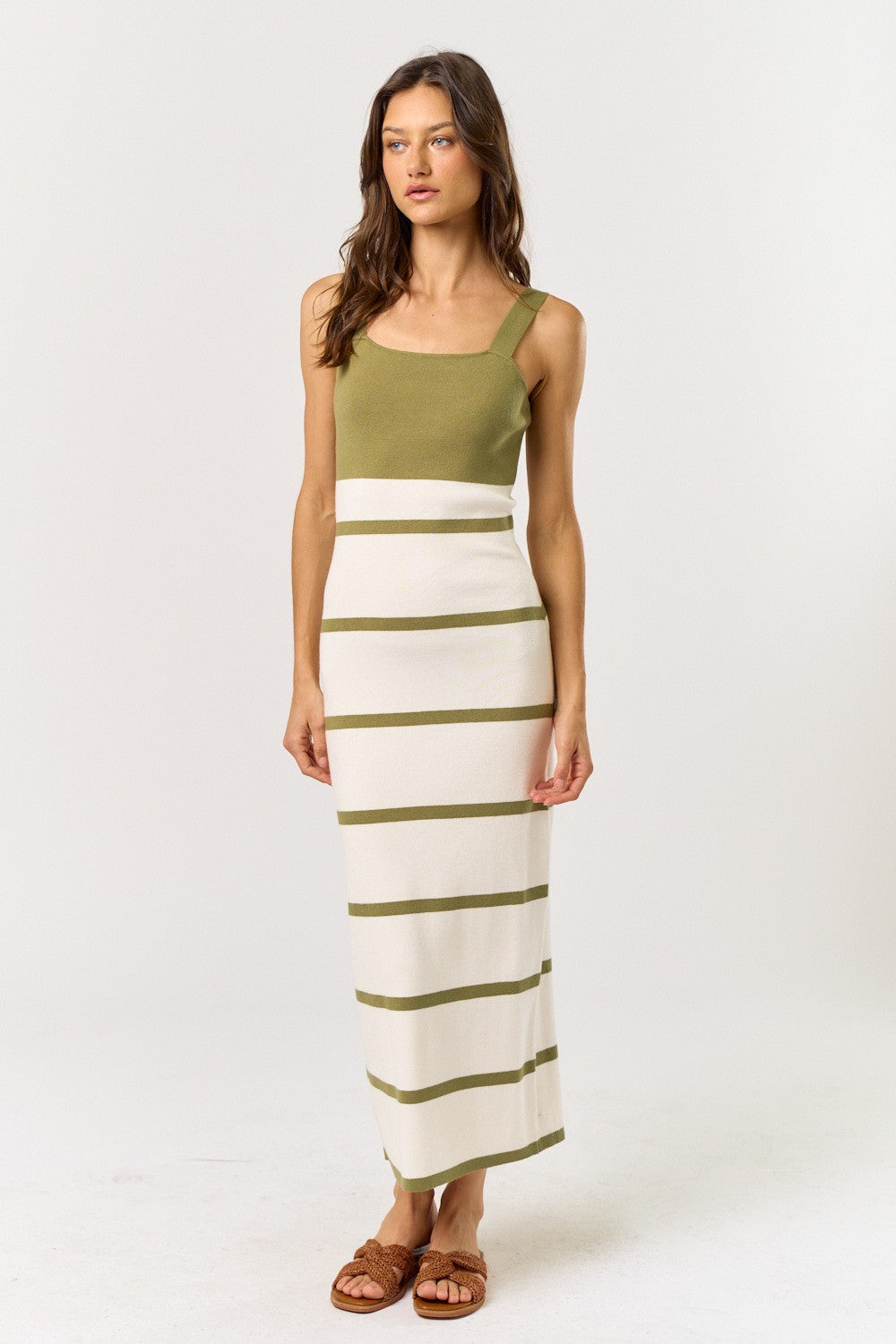 Olive Colorblock Striped Sleeveless Maternity Maxi Dress