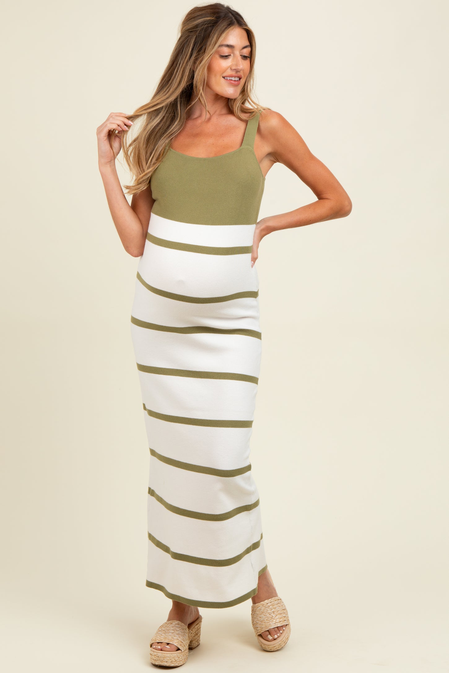 Olive Colorblock Striped Sleeveless Maternity Maxi Dress