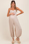 Beige Smocked Button Front Shoulder Tie Maternity Jumpsuit