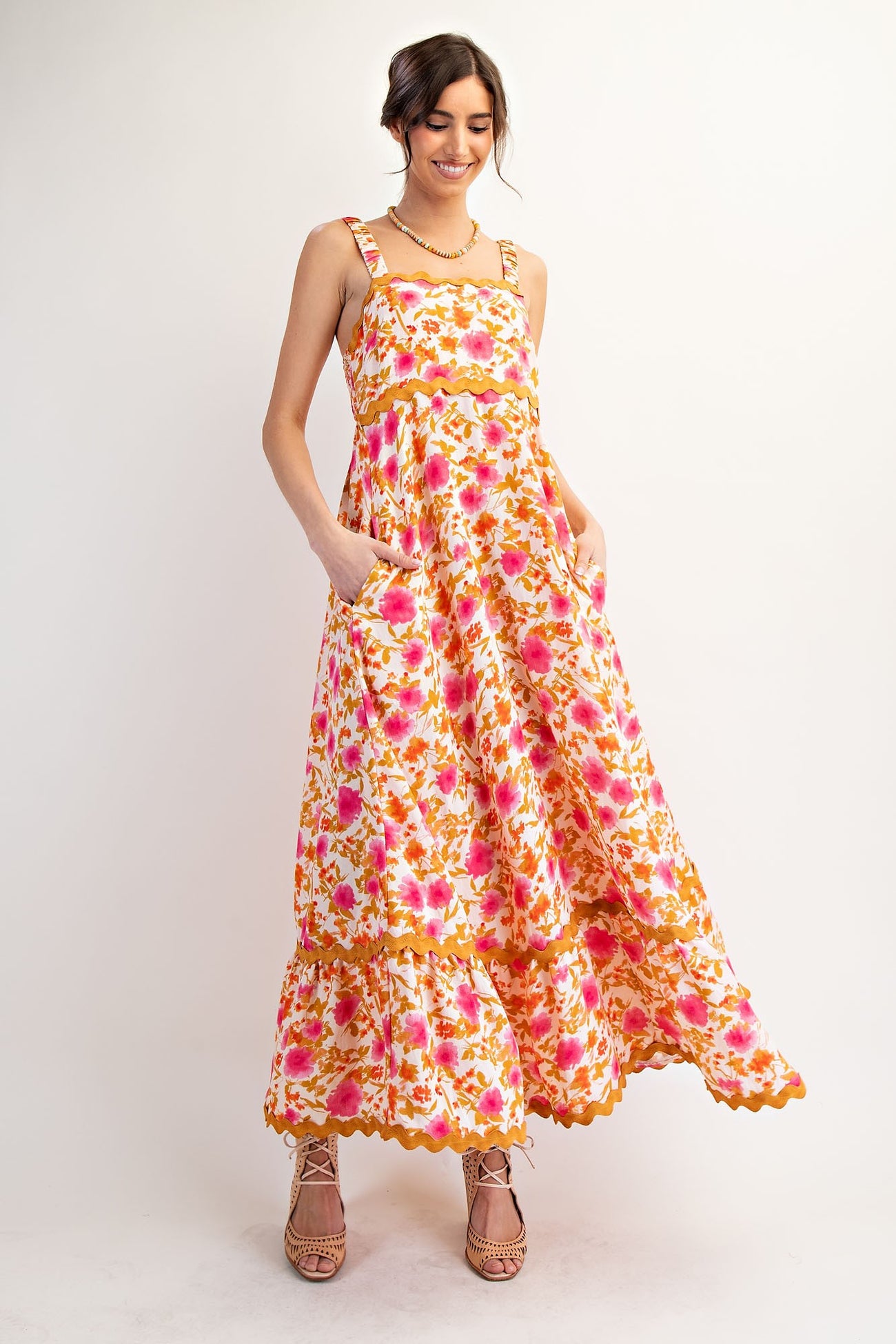 Peach Floral Contrast Wavy Trim Maternity Maxi Dress