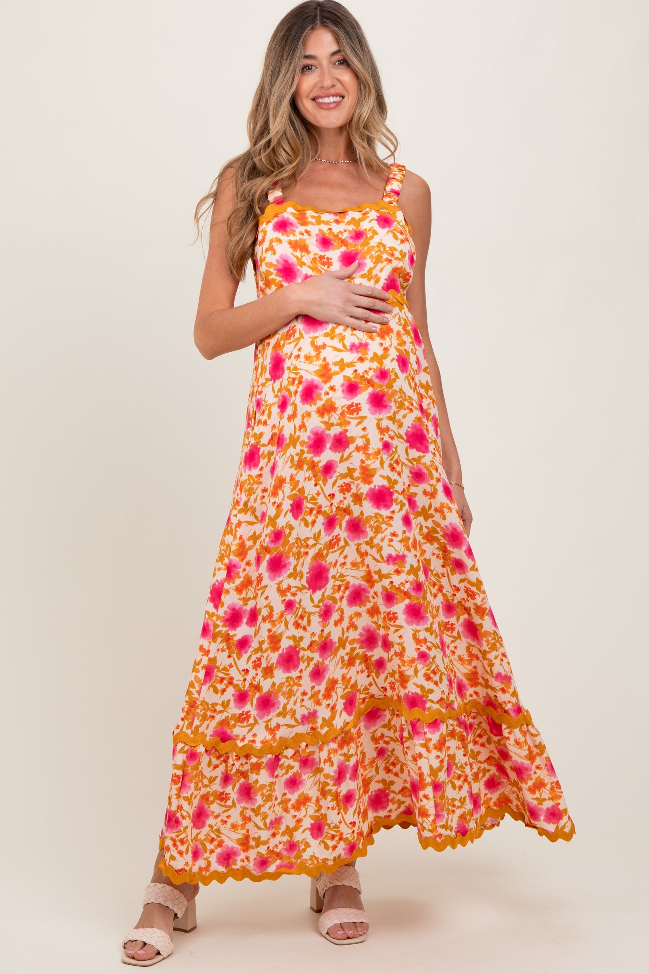 Peach Floral Contrast Wavy Trim Maternity Maxi Dress