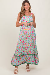 Blue Floral Contrast Wavy Trim Maternity Maxi Dress