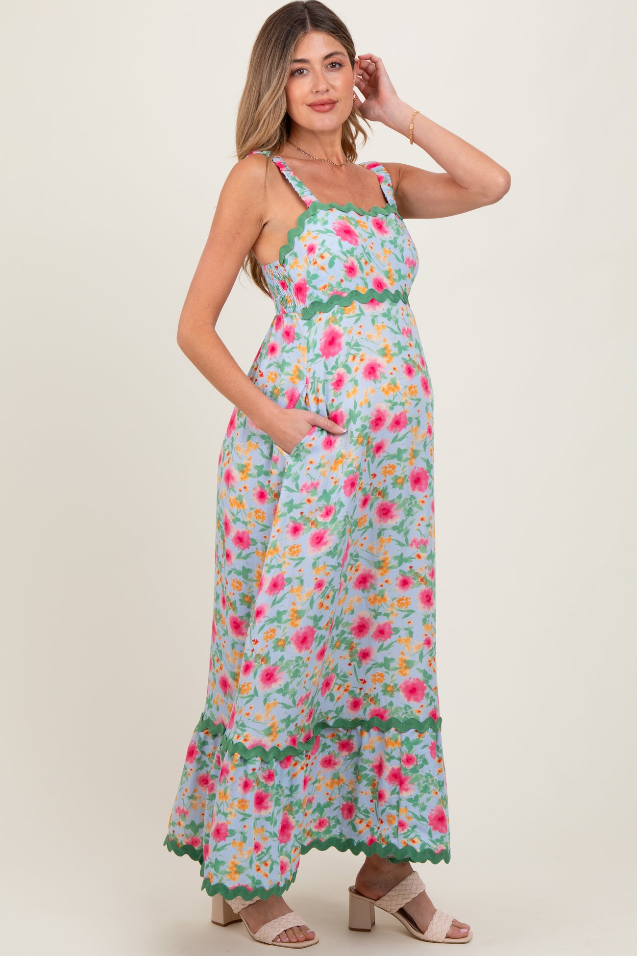 Blue Floral Contrast Wavy Trim Maternity Maxi Dress