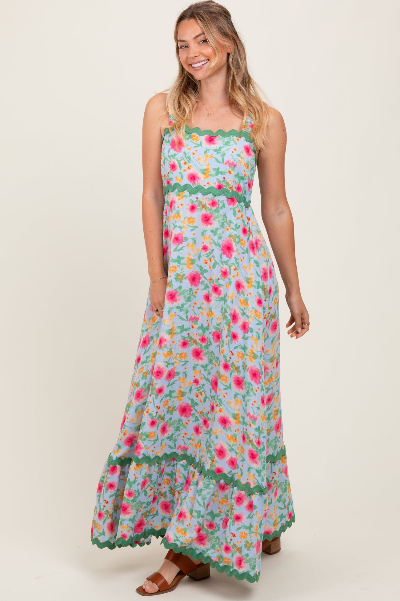 Blue Floral Contrast Wavy Trim Maxi Dress