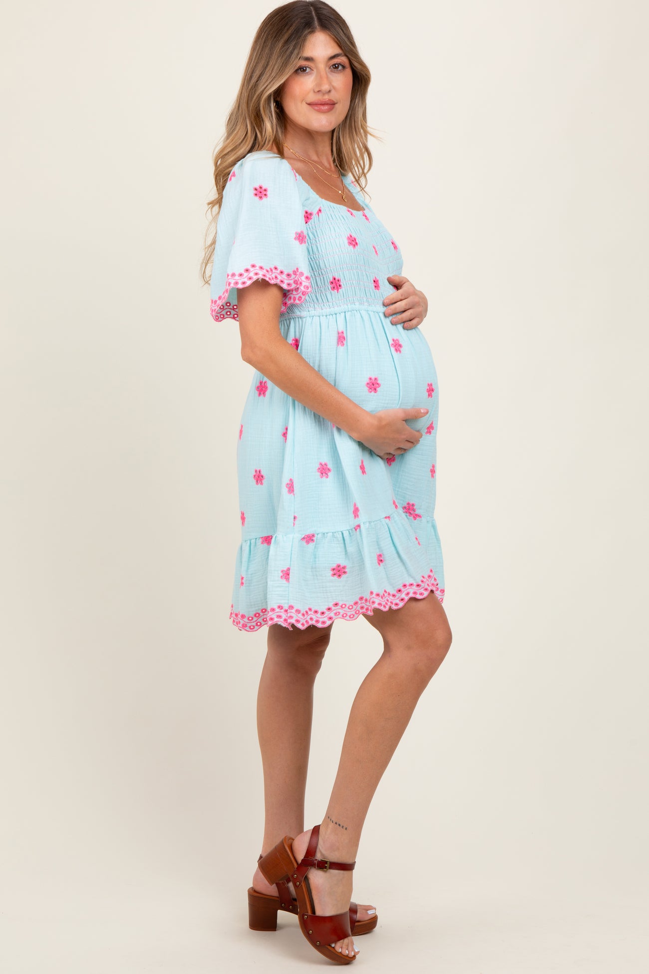 Blue Embroidered Detail Smocked Tie Back Maternity Dress
