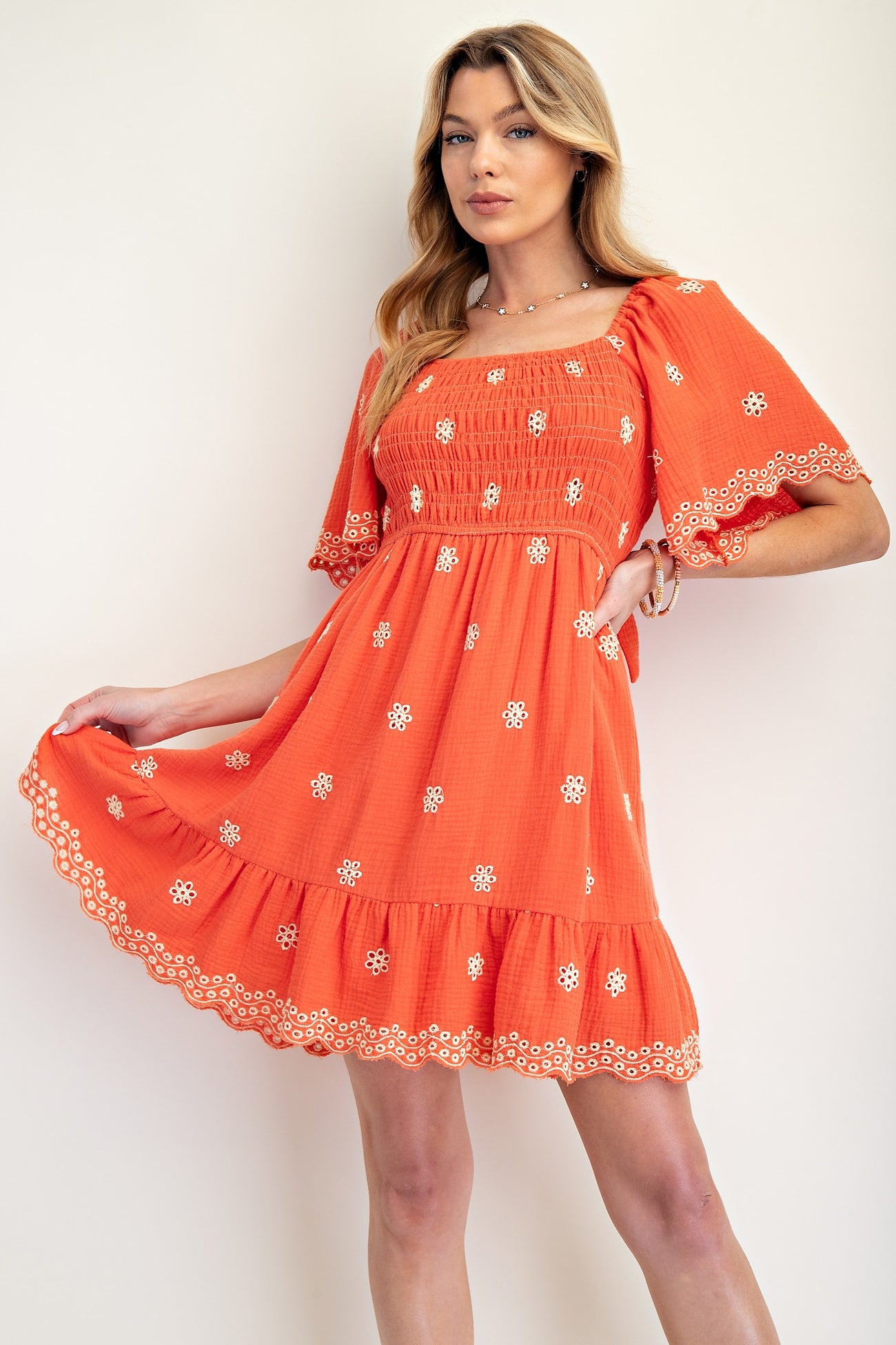 Orange Embroidered Detail Smocked Tie Back Maternity Dress