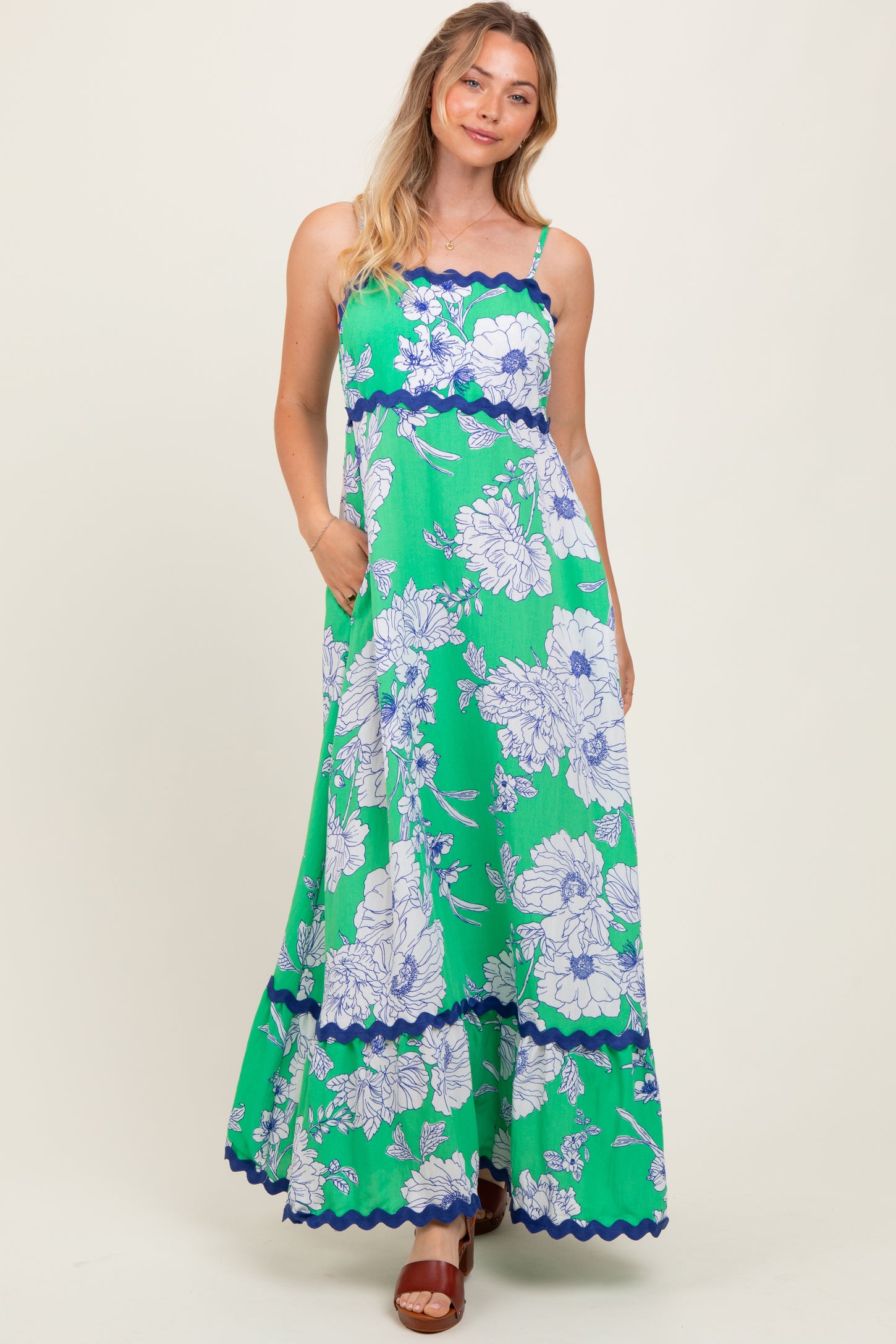 Mint Green Floral Wavy Trim Maxi Dress