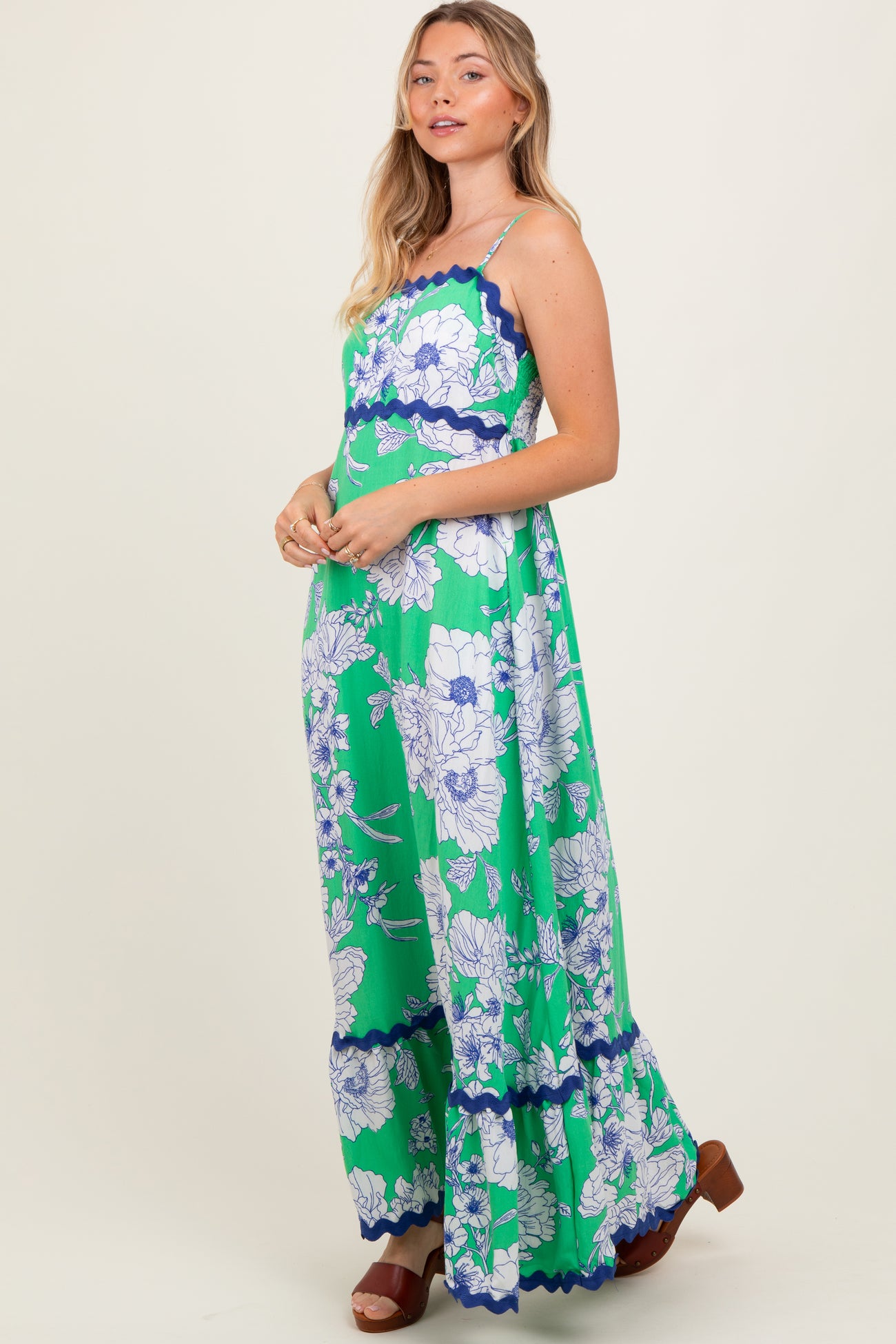 Mint Green Floral Wavy Trim Maxi Dress
