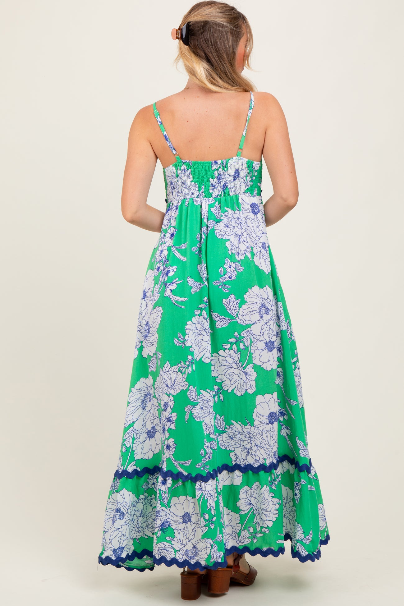 Mint Green Floral Wavy Trim Maxi Dress