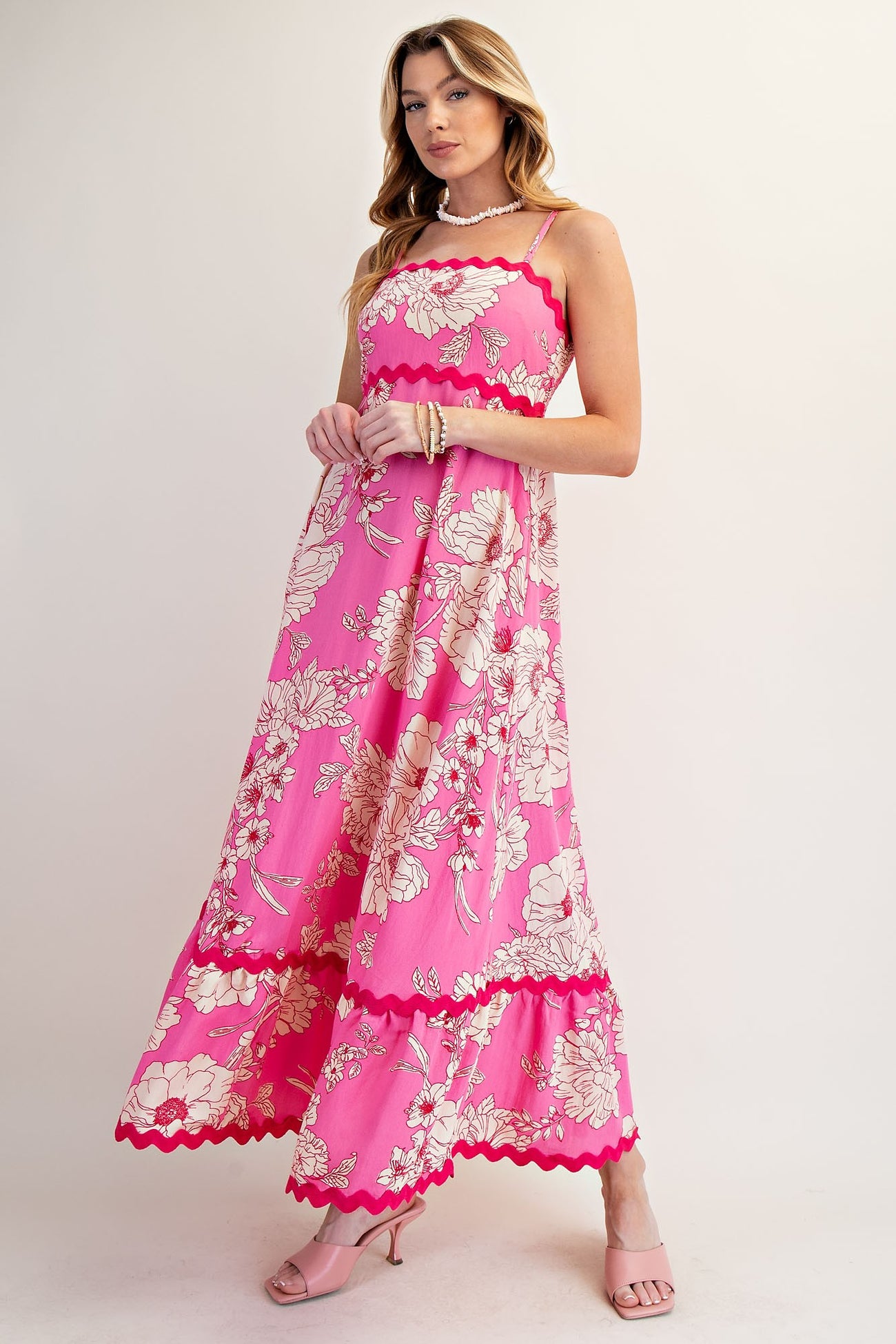 Fuchsia Floral Wavy Trim Maternity Maxi Dress