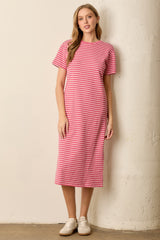 Pink Striped Short Sleeve T-Shirt Midi Dress