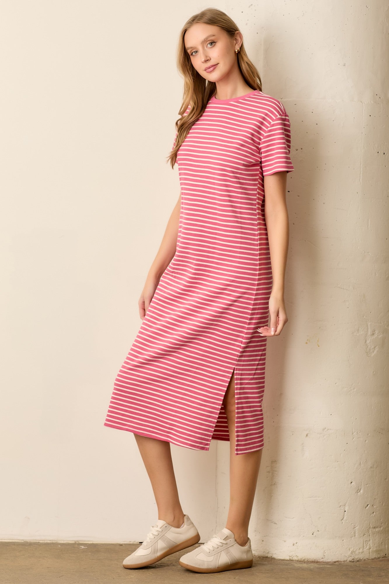 Pink Striped Short Sleeve T-Shirt Midi Dress
