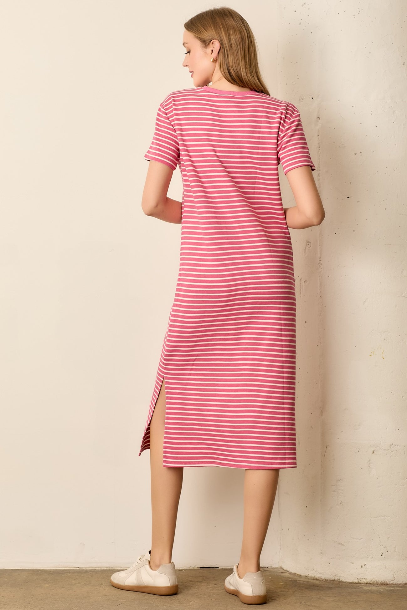 Pink Striped Short Sleeve T-Shirt Midi Dress