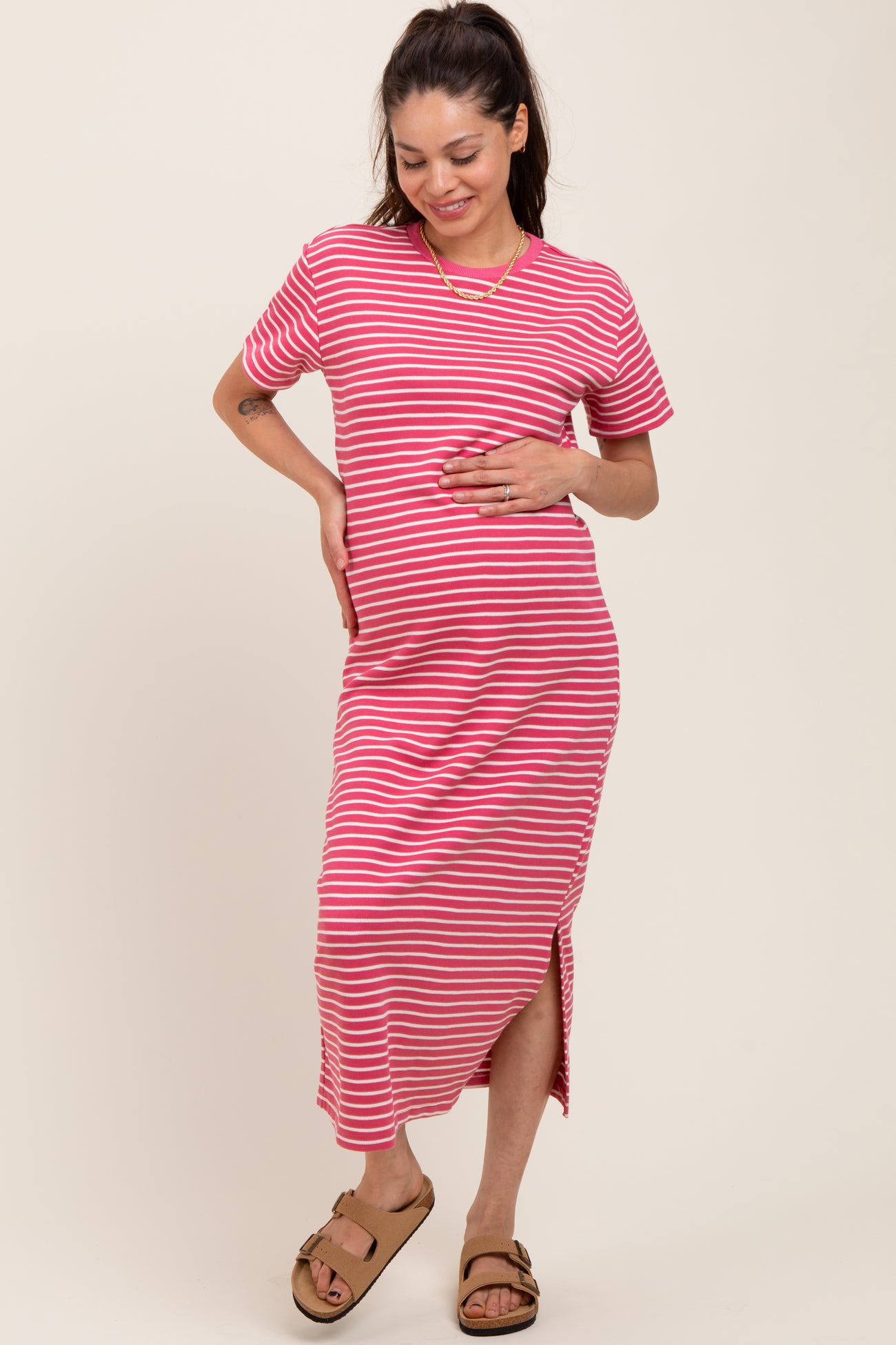 Pink Striped Short Sleeve Maternity T-Shirt Midi Dress