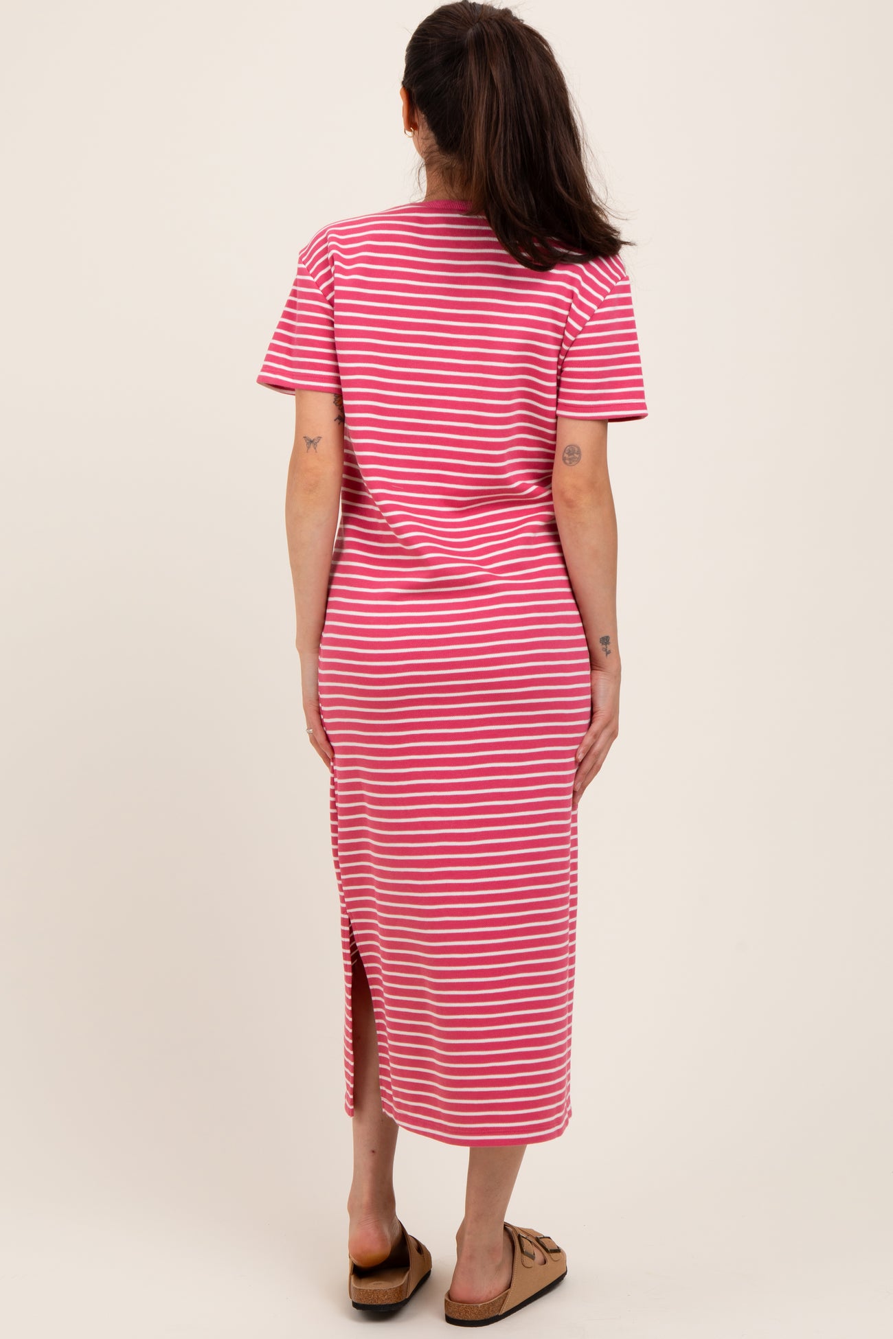 Pink Striped Short Sleeve Maternity T-Shirt Midi Dress