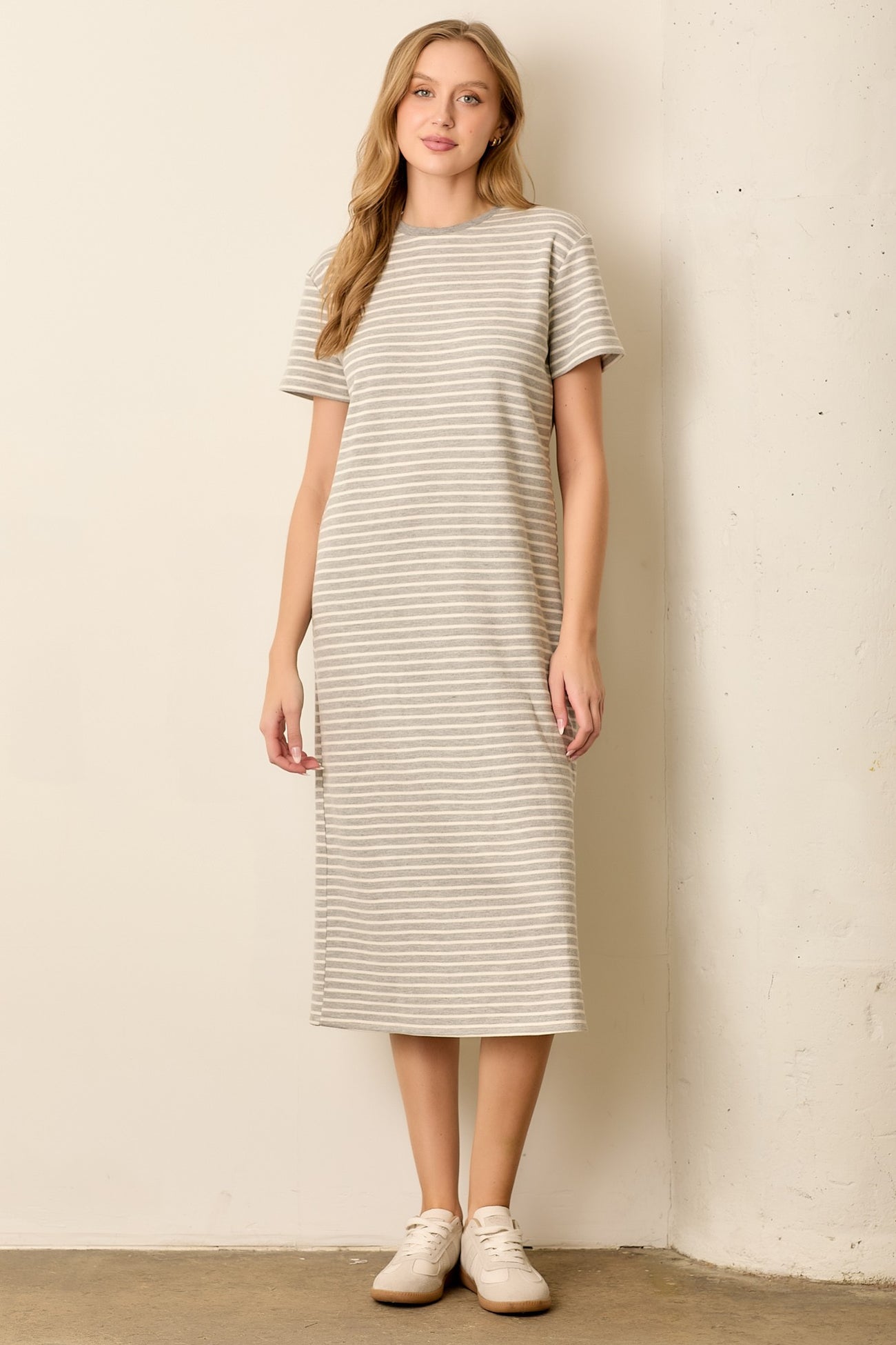 Heather Grey Striped Short Sleeve Maternity T-Shirt Midi Dress