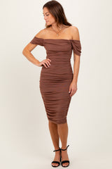 Mocha Mesh Ruched Off Shoulder Fitted Dress