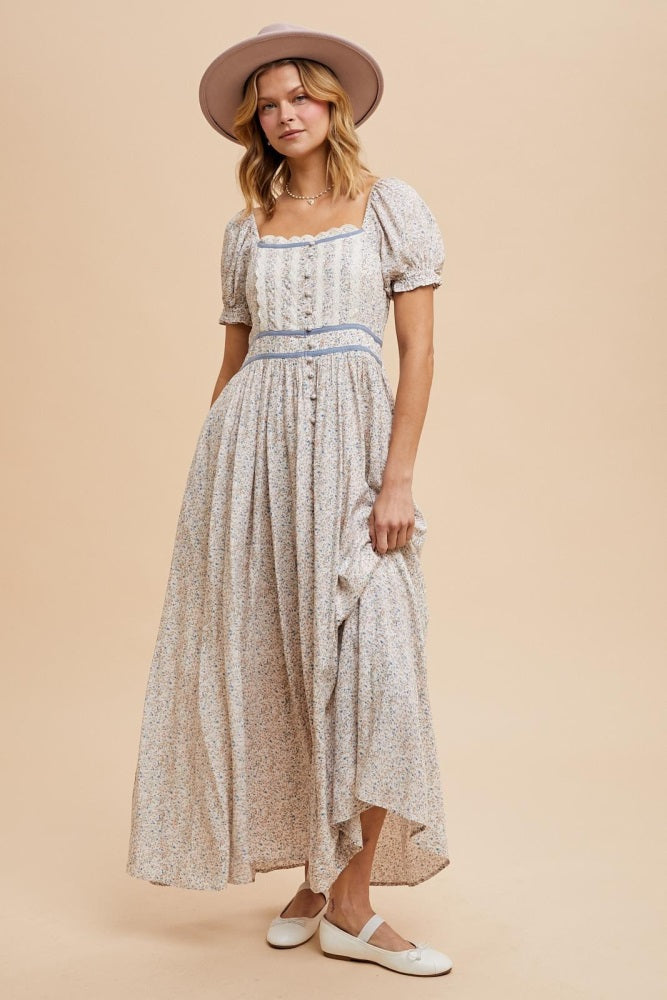 Cream Floral Lace Trim Maxi Dress