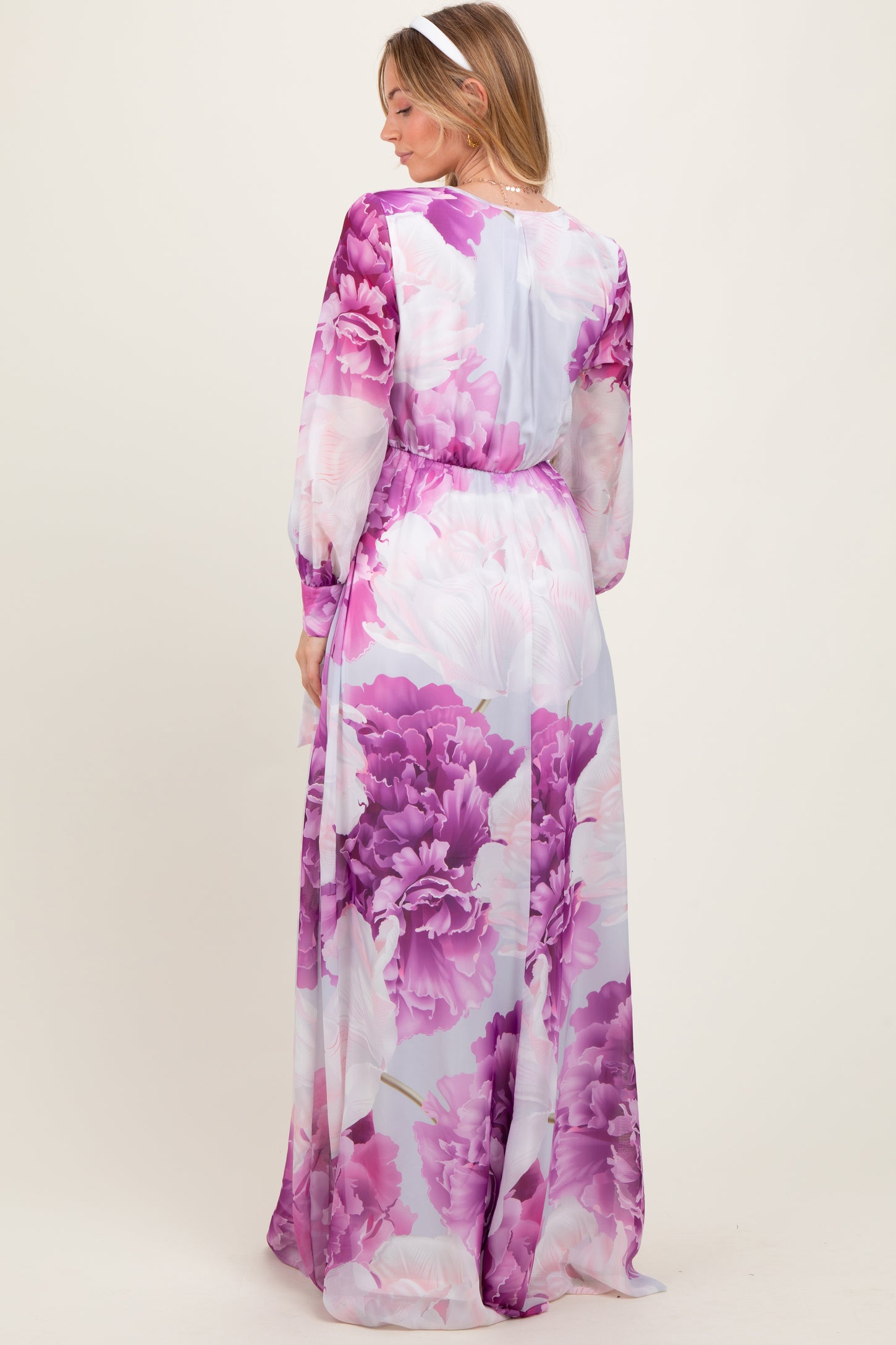 Purple Floral Chiffon Long Sleeve Maxi Dress