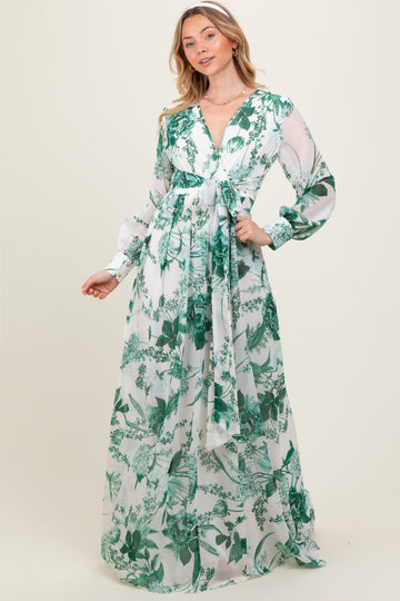 Forest Green Floral Chiffon Long Sleeve Maxi Dress