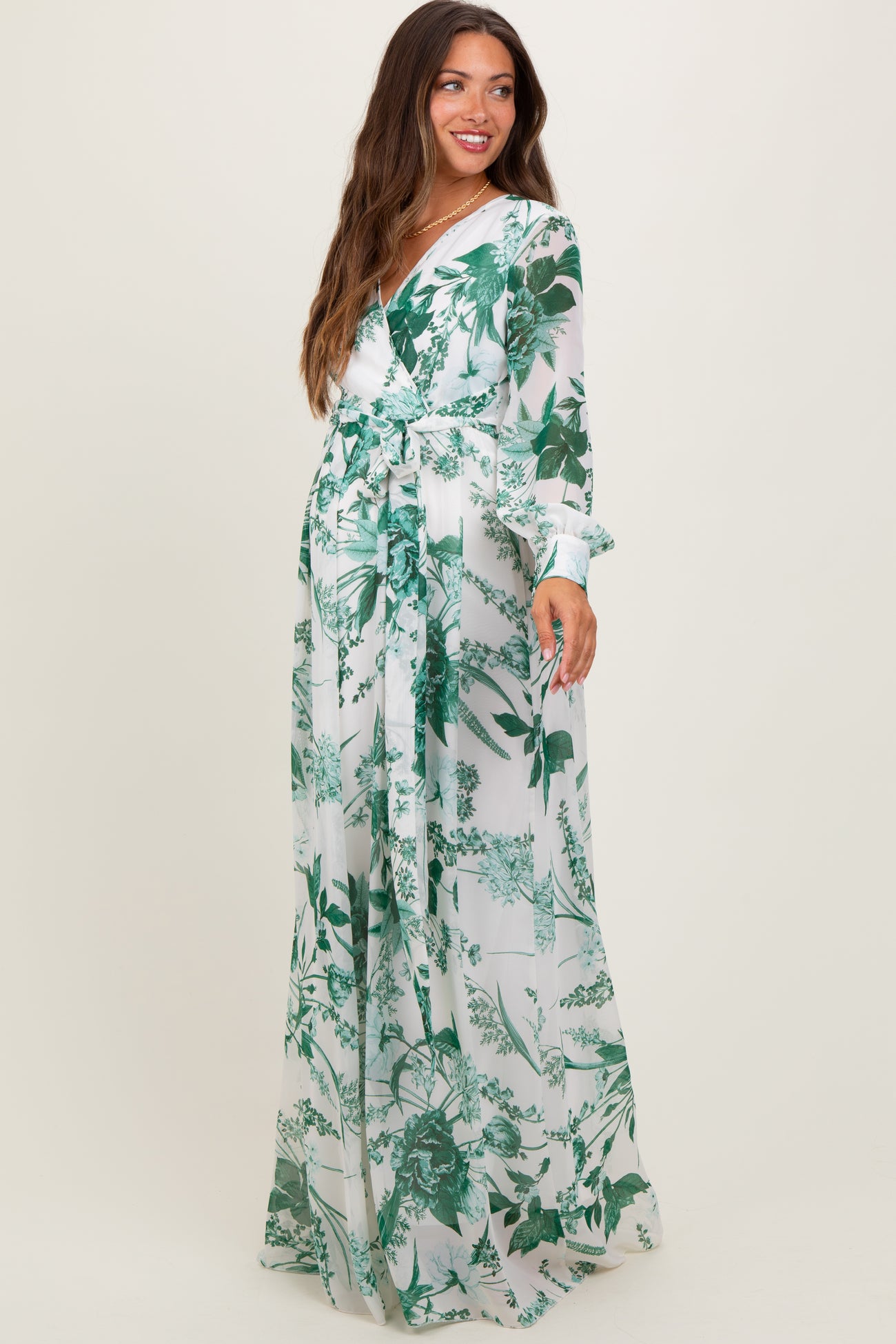 Forest Green Floral Chiffon Long Sleeve Maternity Maxi Dress