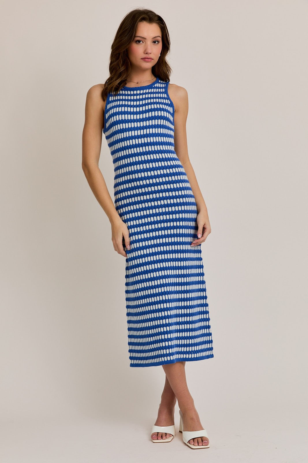 Blue-White Stripe Sleeveless Round Neck Knit Maternity Midi Dress