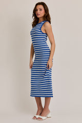 Blue-White Stripe Sleeveless Round Neck Knit Midi Dress