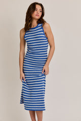 Blue-White Stripe Sleeveless Round Neck Knit Midi Dress