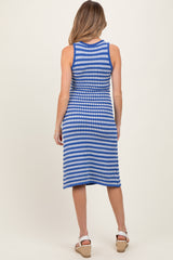 Blue-White Stripe Sleeveless Round Neck Knit Maternity Midi Dress