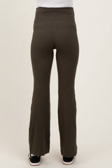 maternity wear olive green flared pants with a high waistband, shown from the back