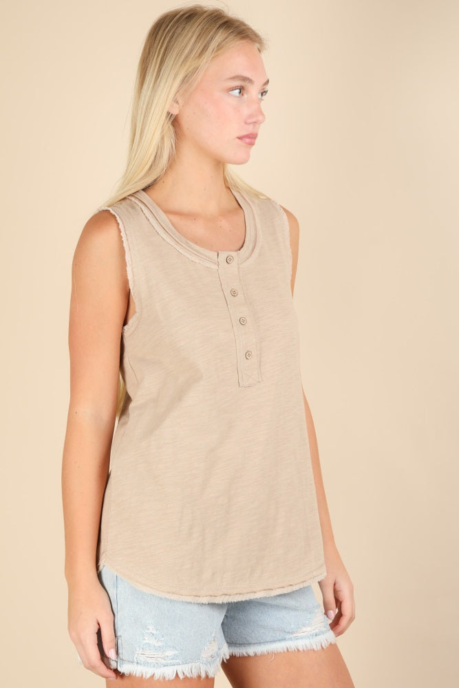 Beige Raw Hem Button Detail Sleeveless Top