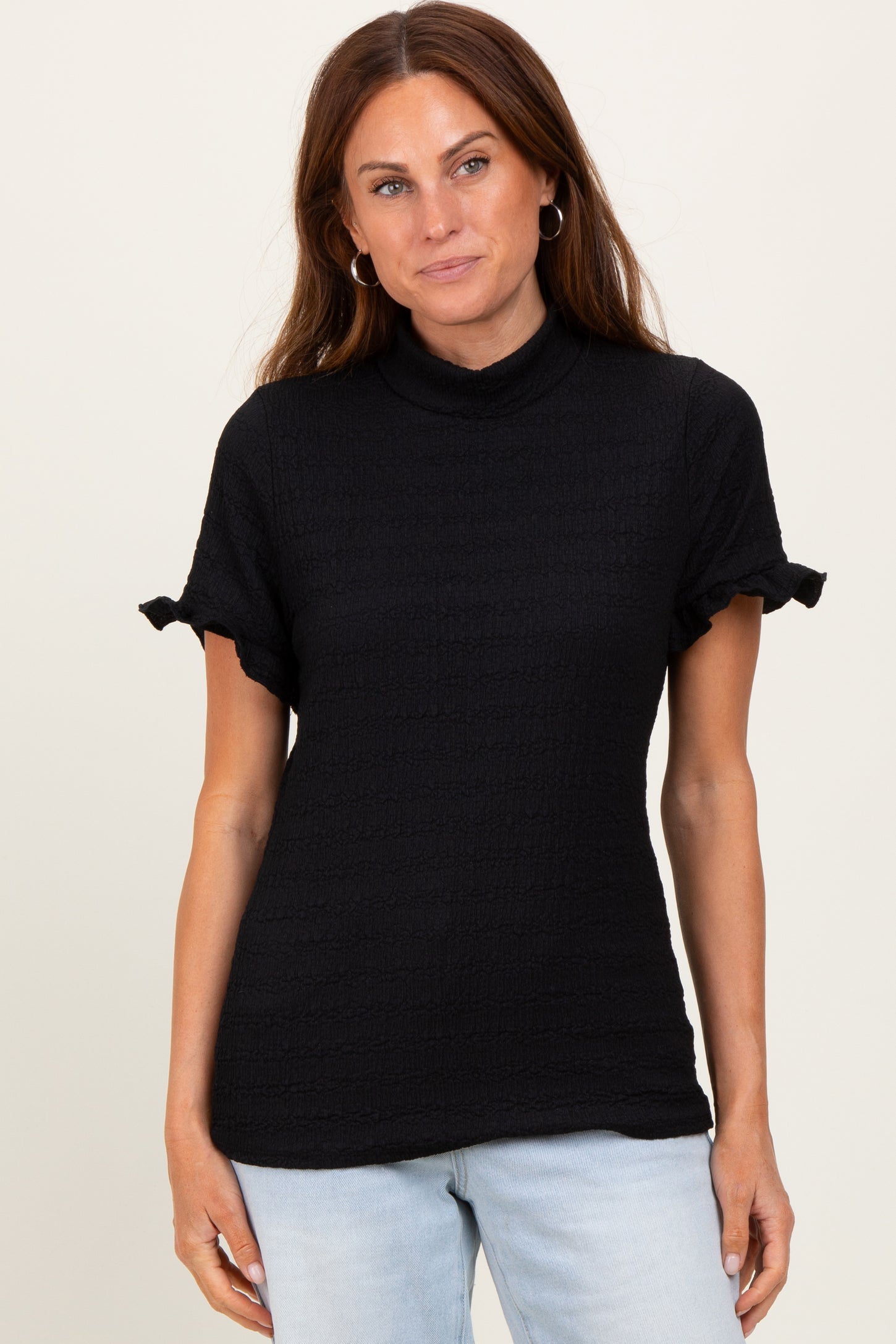 Black Solid Puff Knit Mock Neck Top