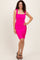 woman wearing a hot pink sleeveless bodycon dress with ruching details and a square neckline