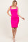 woman wearing a hot pink fitted maternity dress with ruching, showcasing her baby bump