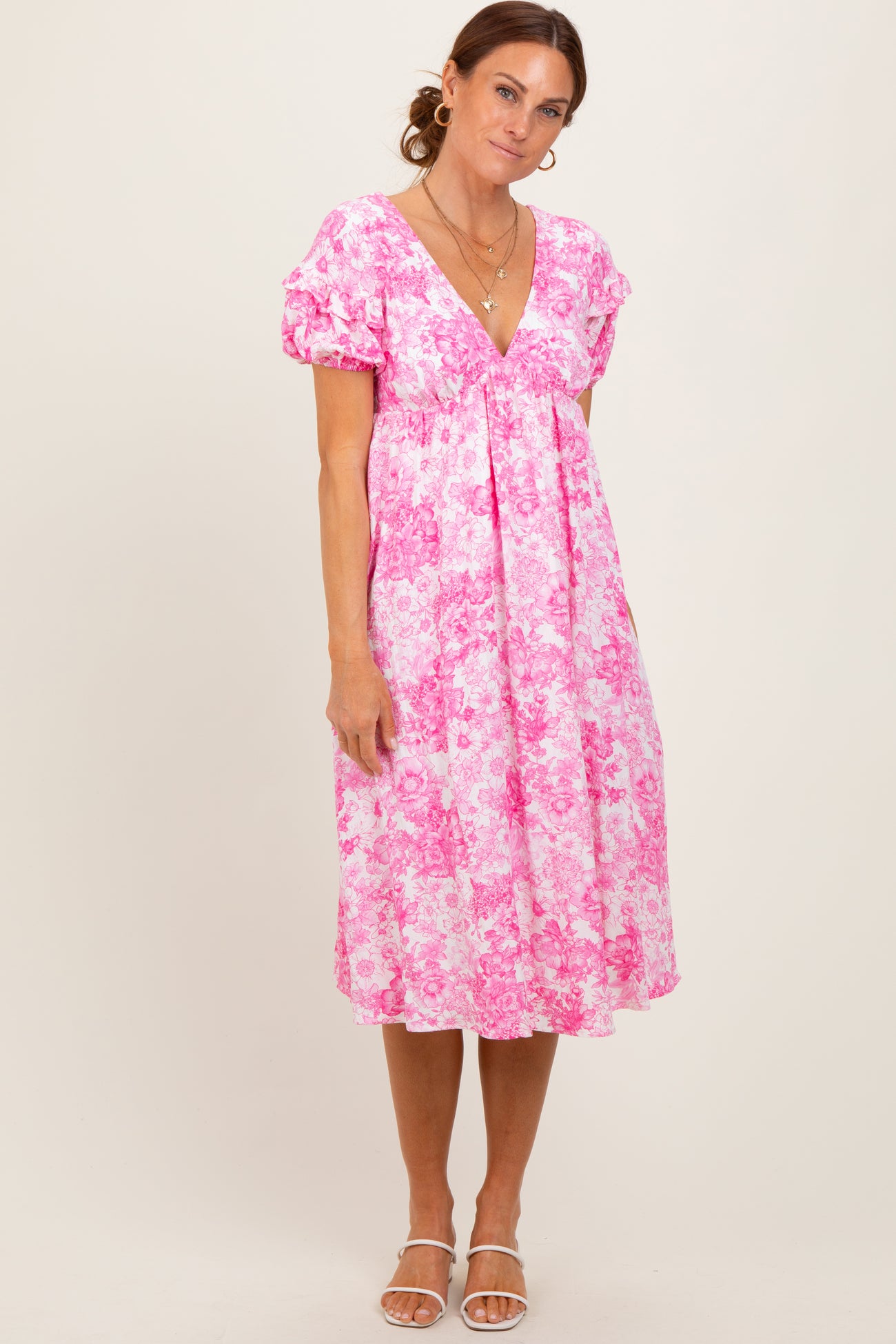 Pink Floral Woven Short Sleeve Mini Dress