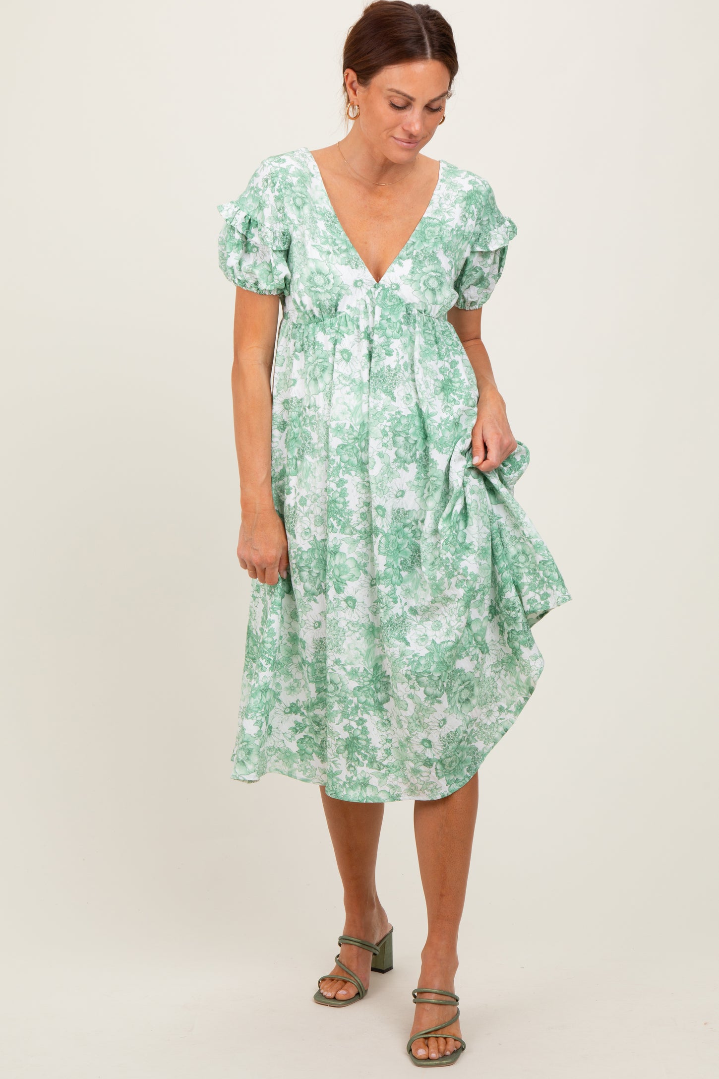 Green Floral Woven Short Sleeve Mini Dress