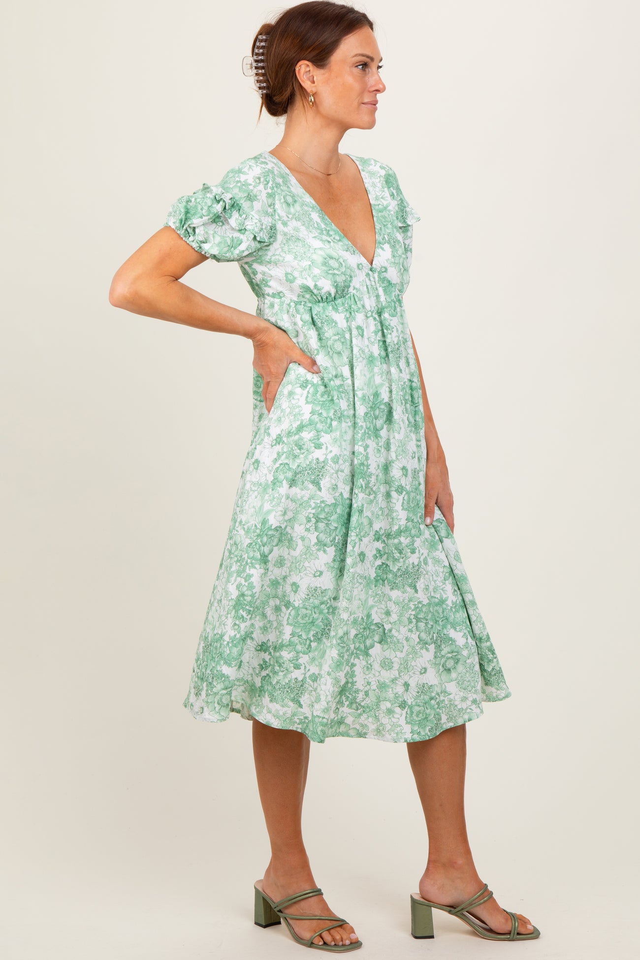 Green Floral Woven Short Sleeve Mini Dress