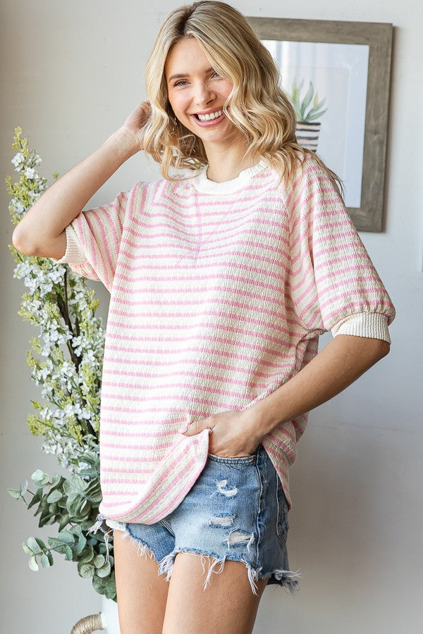 Pink Striped Textured Short Sleeve Top