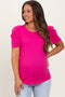 Fuchsia Ribbed Ruched Short Sleeve Maternity Top