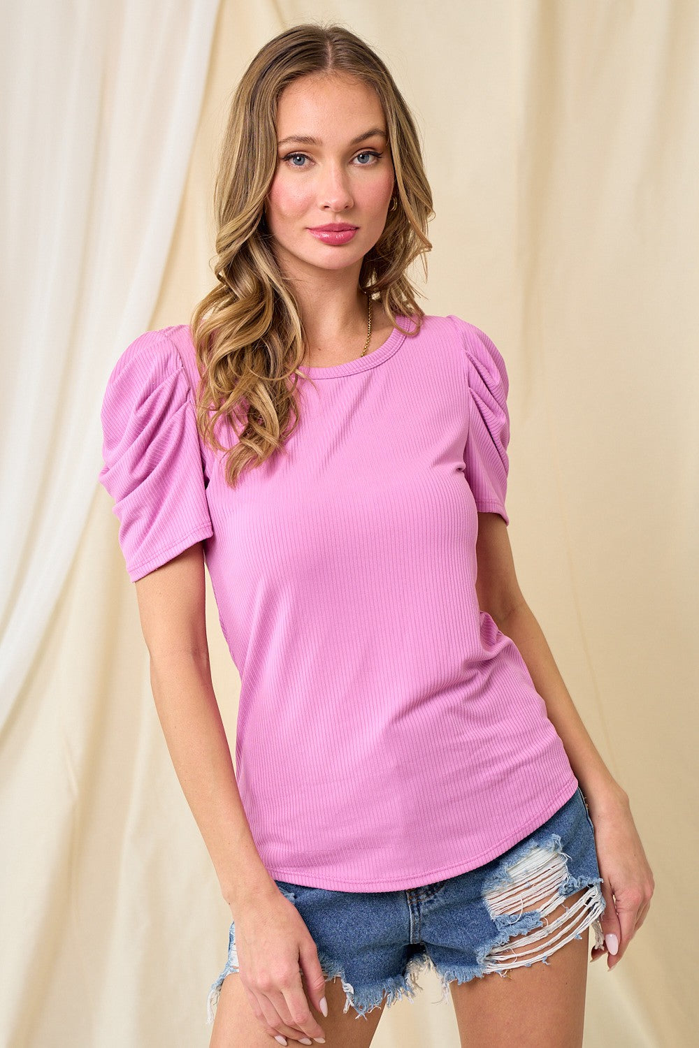 Lavender Ribbed Ruched Short Sleeve Top
